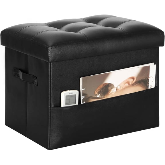 Storage Ottoman Foot Rest Stool with Thicker Padded Seat. Foldable Leather Footstool Bench. Small Ottoman with Storage for Living Room Bedroom Coffee Table 350 lbs, 17x13x13in, Black.