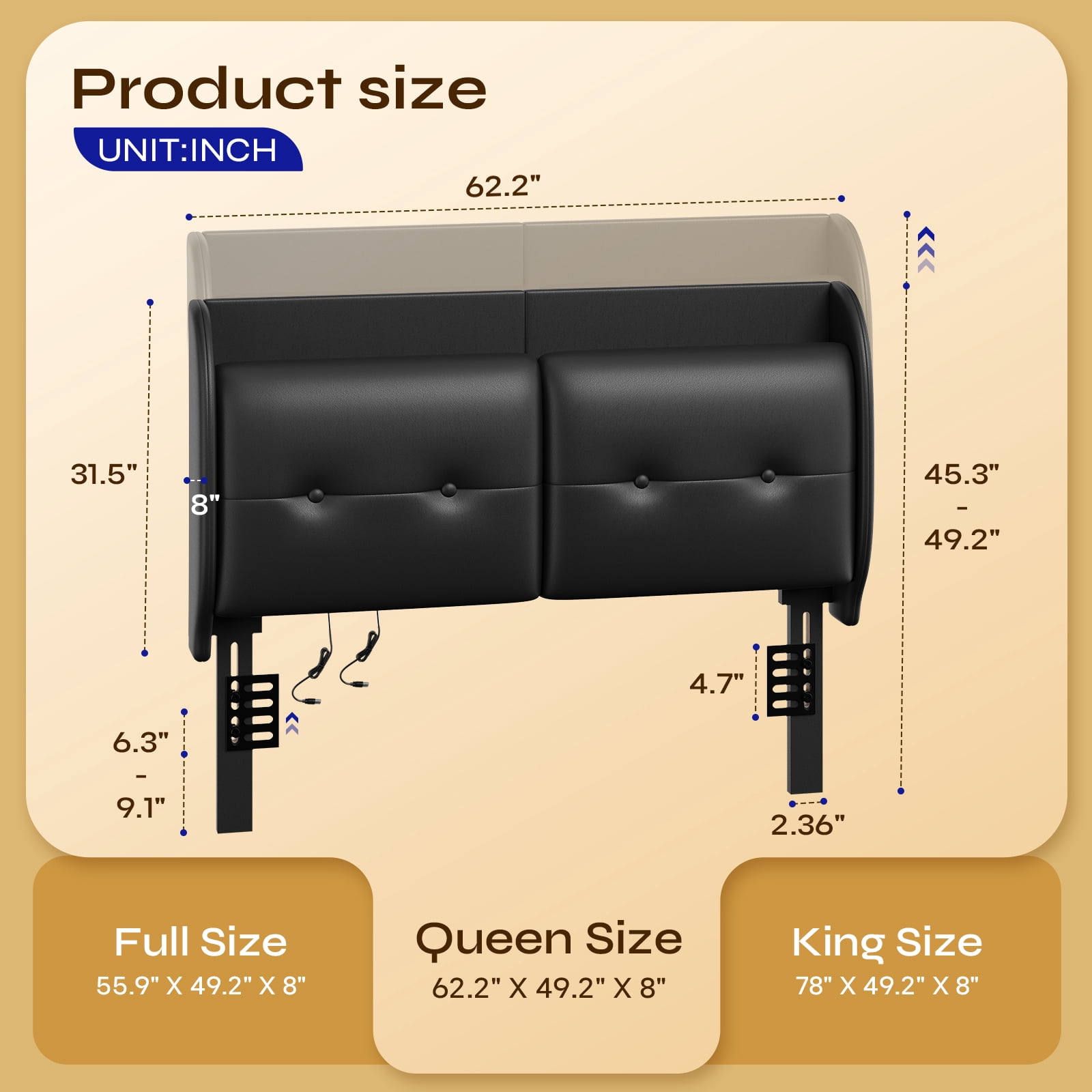 Pinmoco Queen Upholstered Headboard with Storage & Charging Station, LED Wingback Adjustable Headboard, PU Leather Headboard Only, Black