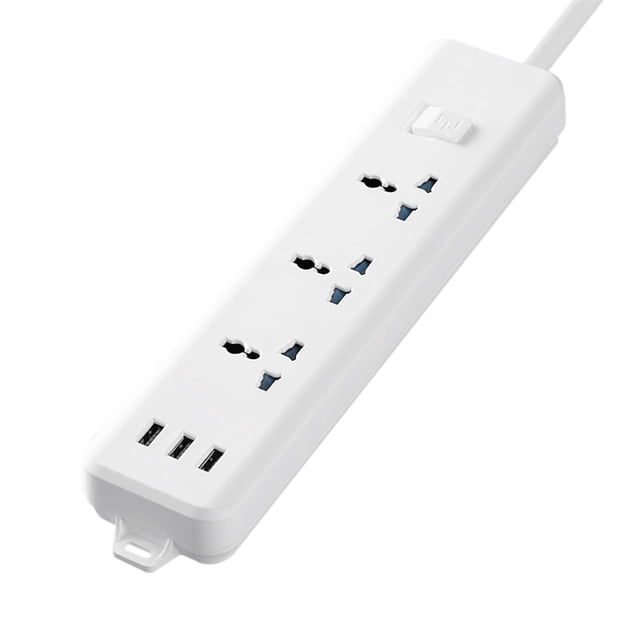Fast Charging Block 2 Meter Extension Cable with 3 AC Outlets and 3 USB Ports 110-250 V 2500 W White