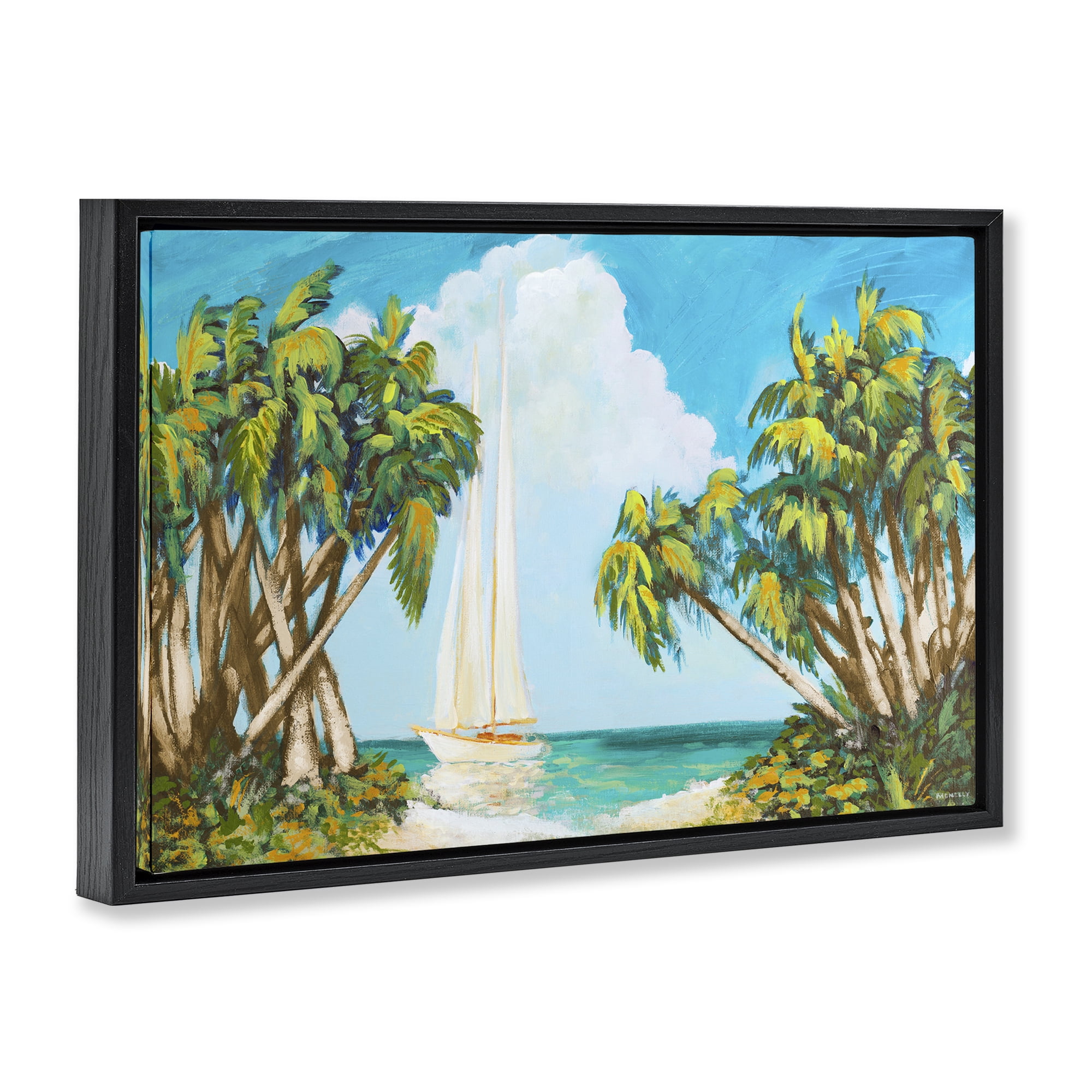 Stupell Industries Sailboat Among Palms Black Framed Floater Canvas Wall Art, design by Dan Meneely