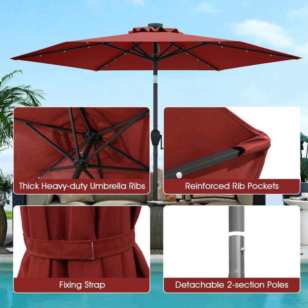 Spaco 7.5 Feet Solar Powered Patio Umbrella, Outdoor Shade with LED Lights and Crank Handle, Red