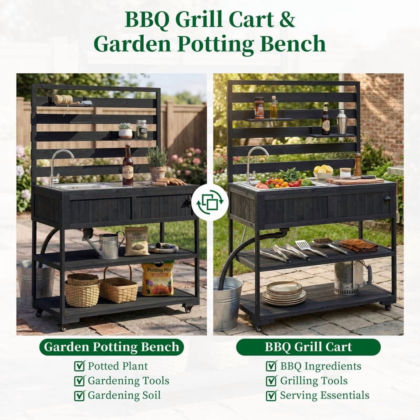 Outdoor Kitchen Storage Cart with Faucet & Sink, Rolling Kitchen Island with Bottle Opener, Garden Potting Bench with Raised Shelf