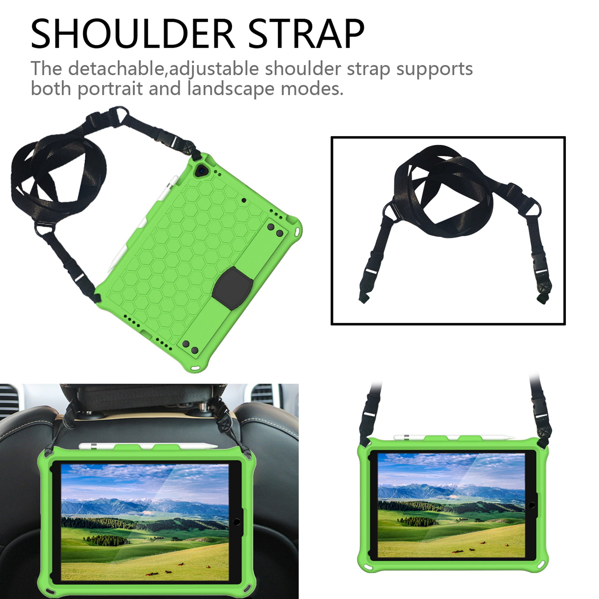 Dteck iPad 10.2 2021 Case with Adjustable Shoulder Strap, Kids Case for iPad 9th Gen/iPad 8th Gen/iPad 7th Gen, Heavy Duty Rugged Kickstand Case with Hand Strap & Pencil Holder, Green