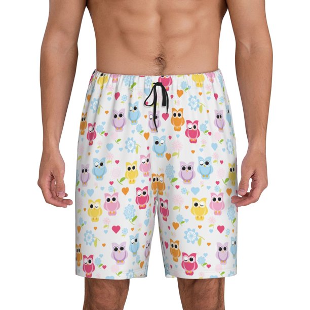 Balery Cute Owl Pantalones cortos de pijama de punto de algodón para hombre con cinturilla y bolsillos-Large