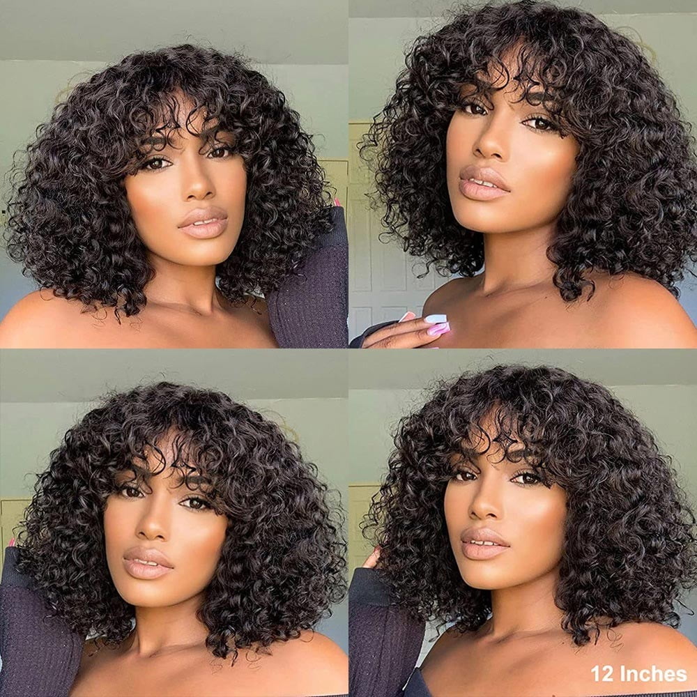 Water Wave Wig With Bangs Human Hair Look Bang Wig 180% Medium Length Curly Wigs