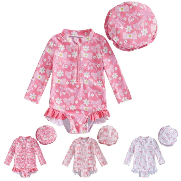 WUANDIXFA Girls Swimsuits Baby Girl Swimsuit Long Sleeve with Hat Set Zipper Swimsuit Light Pink,0-3 Months