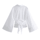 thumbnail image 2 of Blusa Kimono de manga larga con pajarita para mujer, camisa informal de popelina de doble botonadura con cuello tipo Polo y botón frontal, 2 of 5