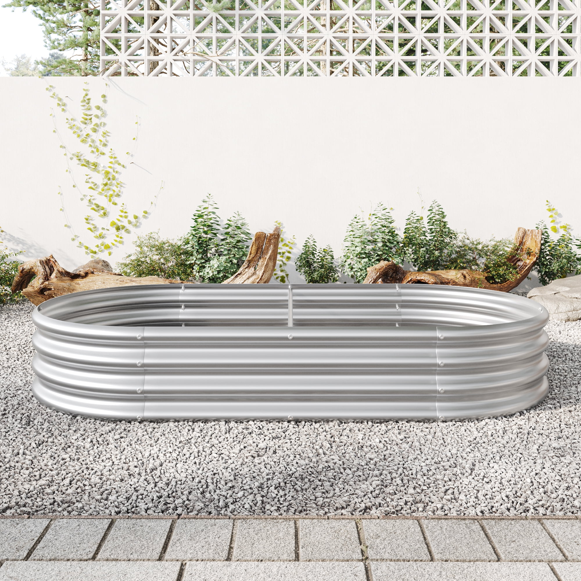 Raised Garden Bed Outdoor, Oval Large Metal Raised Planter Bed for for Plants, Vegetables, Flowers - Silver