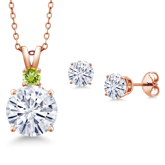 Gem Stone King 18K Rose Gold Plated Silver Round White Moissanite and Green Peridot Pendant and Earrings Jewelry Set for Women (5.21 Cttw, Gemstone Birthstone, with 18 inch Chain)