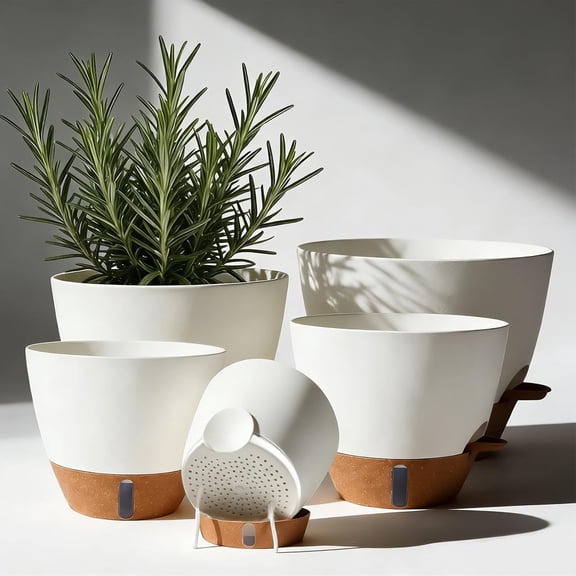 ZXYIE 7/6.5/6/5.5/5" Self Watering Pots,Plastic Flower Pots with Multi Mesh Drainage Holes and Deep Reservoir for Indoor Outdoor Garden Plants and Flowers (White,5/5.5/6/6.5/7)