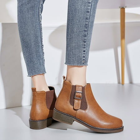 

symoid Womens Booties- Winter Plus Velvet Round Toe Low Heeled Solid Short Belt Buckle Sleeve Short Ankle Boots Brown 41