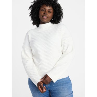 Terra & Sky Women’s Plus Diagonal Ribbed Mock Neck Sweater, Lightweight, Sizes 0X-5X