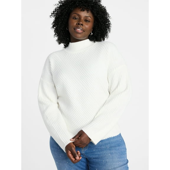 Terra & Sky Women’s Plus Diagonal Ribbed Mock Neck Sweater, Lightweight, Sizes 0X-5X