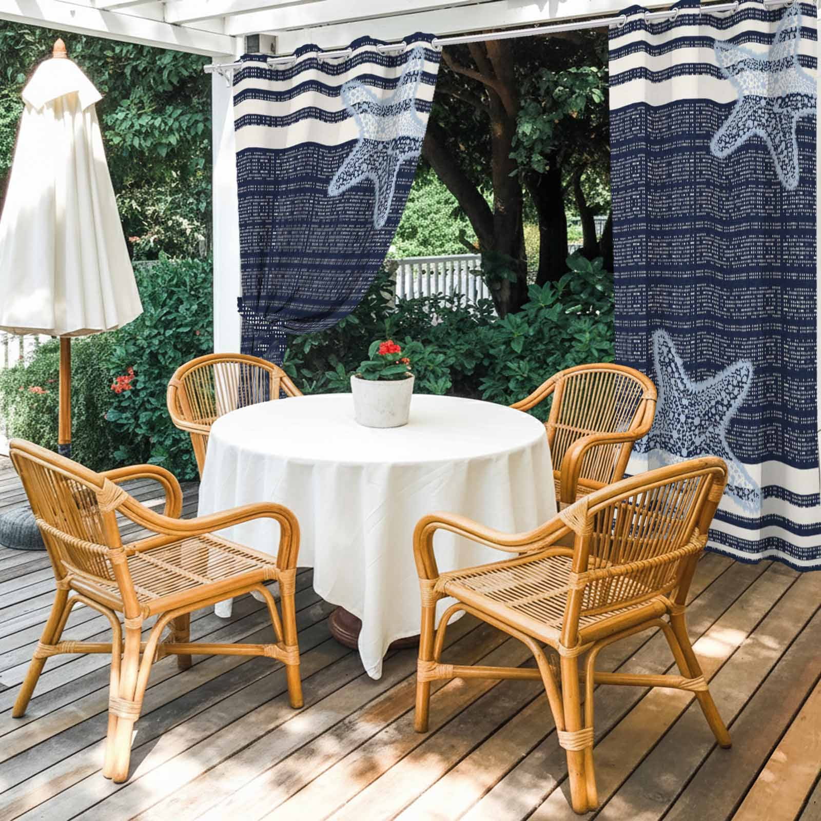Pixel Navy Blue Star Outdoor Curtains for Patio, Modern Abstract Nautical Ocean Beach Starfish Stripe Sunshade Privacy Drapes Grommet Waterproof Outside Curtains for Porch Balcony 54"x108", 1 Panel