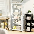 thumbnail image 3 of LinkRomat 6-Tier Farmhouse Bathroom Shelf, Over Toilet Organizer with Rolling Cart & 6 Hooks, Space Saving Storage Rack for Bathroom, White, 3 of 8