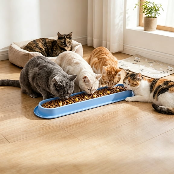Multi Cat Bowl Feed Trough,16 Inch Long Shallow Ant Proof Pet Food Bowls,Multi Cat Feeding Station,Large Capacity Non-Slip Easy Clean Dishes,Neck-Friendly Design for Indoor & Outdoor Feeding(Blue)