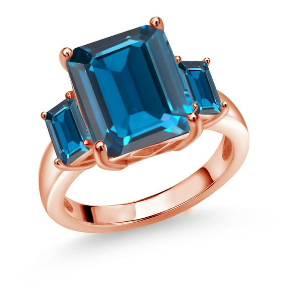 Gem Stone King 8.82 Ct Emerald Cut London Blue Topaz 18K Rose Gold Plated Silver 3-Stone Ring (Size 5)