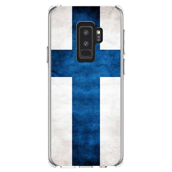 DistinctInk Clear Shockproof Hybrid Case for Samsung Galaxy S9  PLUS (6.2" Screen) - TPU Bumper, Acrylic Back, Tempered Glass Screen Protector - Finland Old Flag - Finland