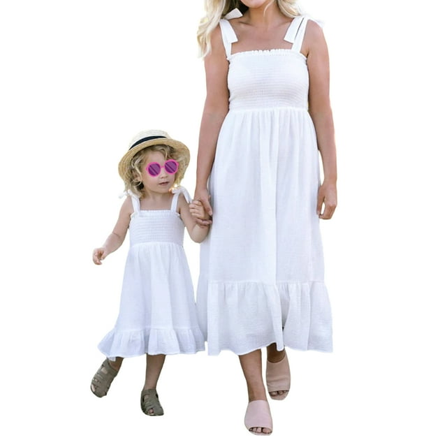 SUNSIOM Robes Assorties Maman et Moi Tenues Couleur Unie à Nouer Bretelles Spaghetti Robe Longue Ligne A