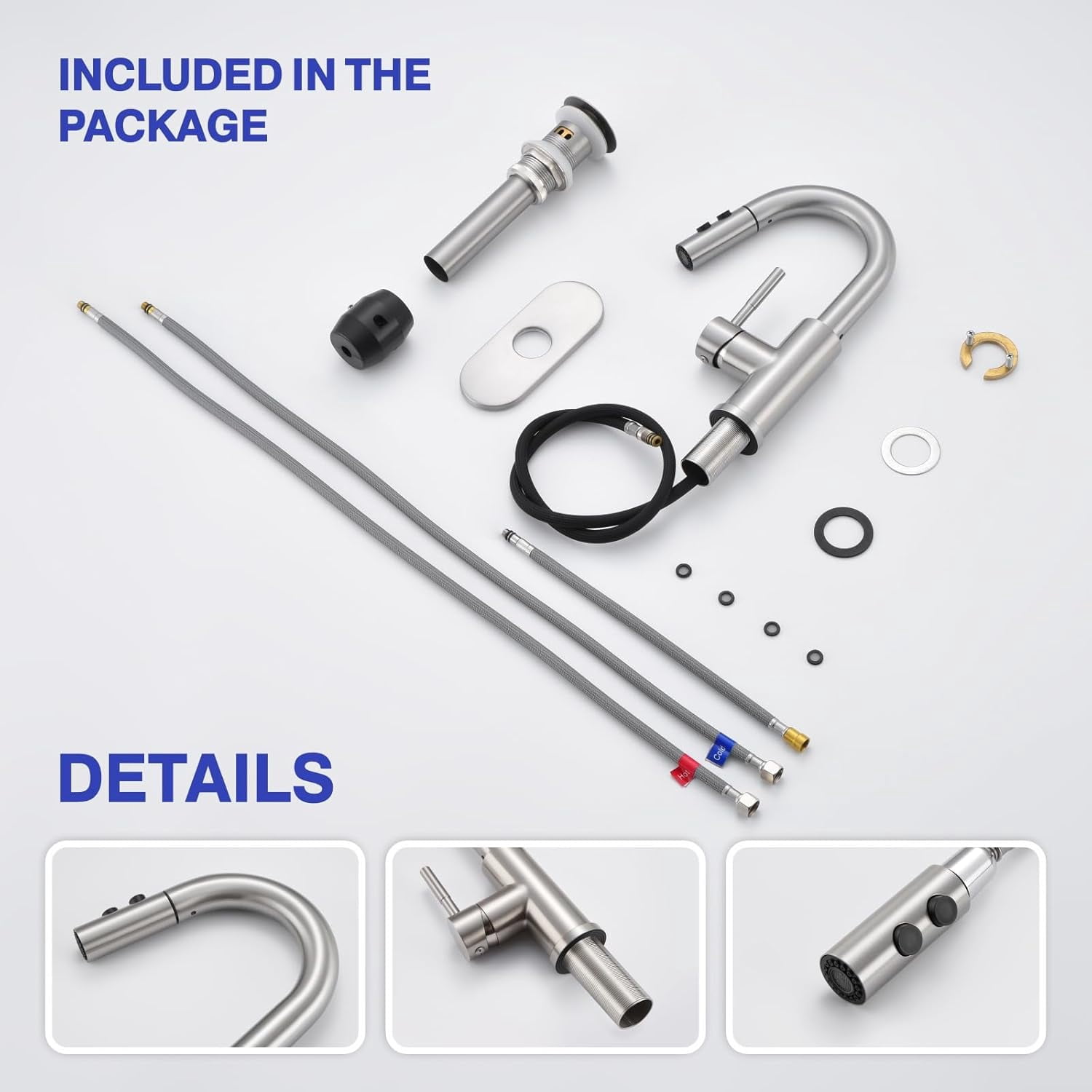 Bathroom Sink Faucet with Pull Down Sprayer, Brushed Nickel Single Handle Pull Out Faucet with Pop-Up Drain, 1 or 3 Hole Laundry Bar Basin Faucet with Deck Plate