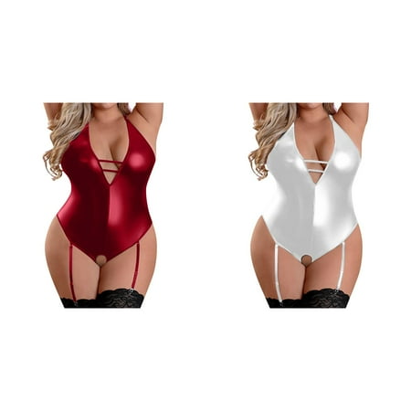 (2-Pack) Kcodviy for Women Plus Woman s Sizr Leather Teddy Bodysuit for Women Plus Size Cutout V Neck Lace Up Conjoined Kimono with Thong Set S