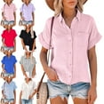 thumbnail image 3 of Sexy Dance Women Summer Button Down Blouse Shirts Cotton And Linen Short Sleeve V Neck Casual Loose Collared Tops with Pockets, 3 of 3