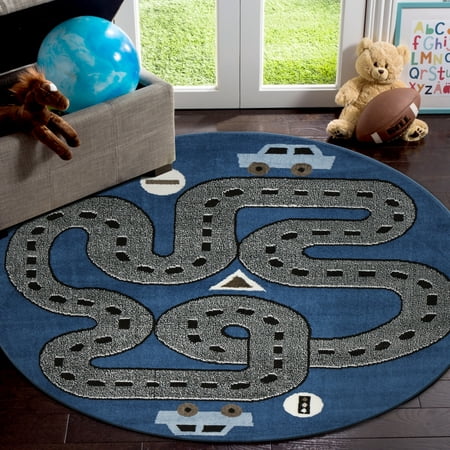 LR Home Fun & Play Whimsical Blue 4 ft. 8 in. Round Kids City Signal Drive Road Highways Indoor Area Rug