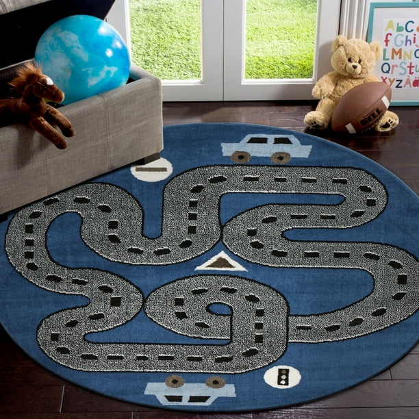 Lr Home Fun Play Whimsical Blue 4 Ft 8 In Round Kids City Signal Drive Road Highways Indoor Area Rug Walmart Com Walmart Com