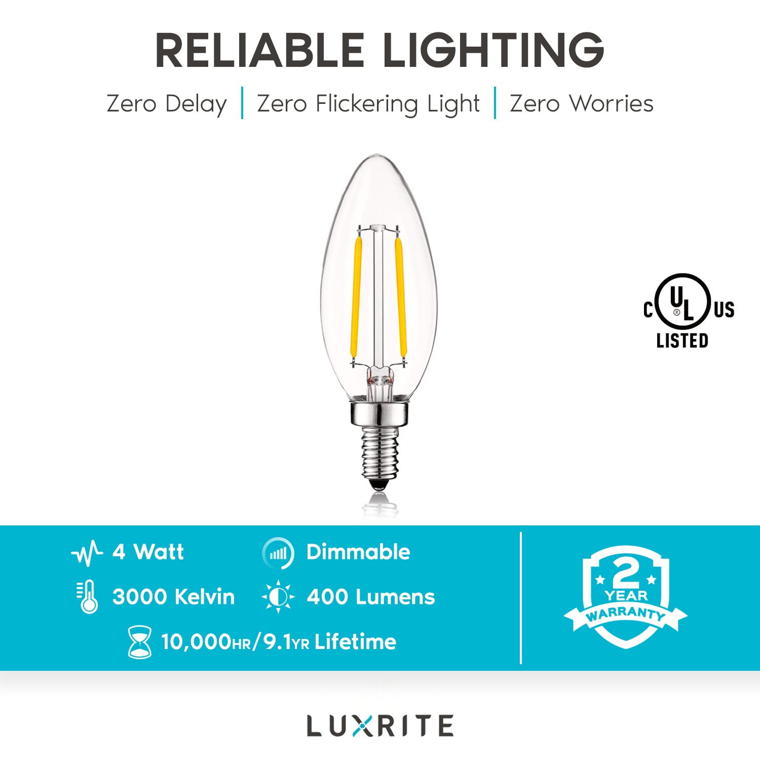 Luxrite 4W E12 Vintage Candelabra Dimmable LED Light Bulbs, 40W Equivalent 400 Lumens, 3000K Soft White, Blunt Tip, 24-Pack