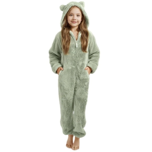 OGLCCG Girls Fleece Hooded Onesie Pajamas Cute One Piece Fuzzy Sleepwear Zip Up Jumpsuits Winter Warm Lounge Outfits with Pockets 2-7 Years