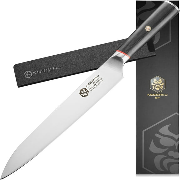 Kessaku 9.5-Inch Slicing Carving Knife - Spectre Series - Forged Japanese AUS-8 High Carbon Stainless Steel - Pakkawood Handle with Blade Guard