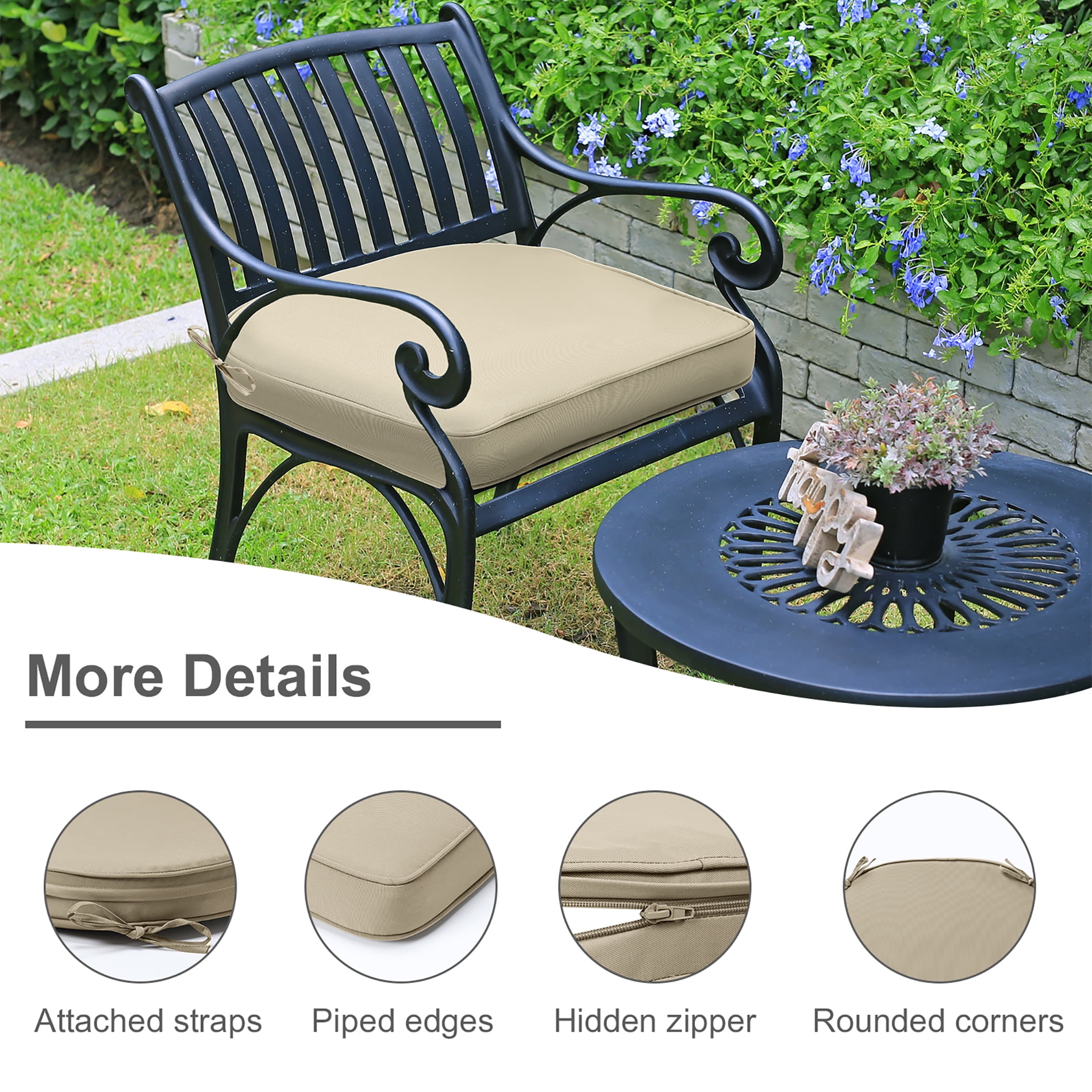 Aoodor 18"x19" Outdoor Chair Cushion, Fade-Resistant Polyester Chair Pads with Invisible Zipper & Adjustable Ties, Khaki, Set of 4