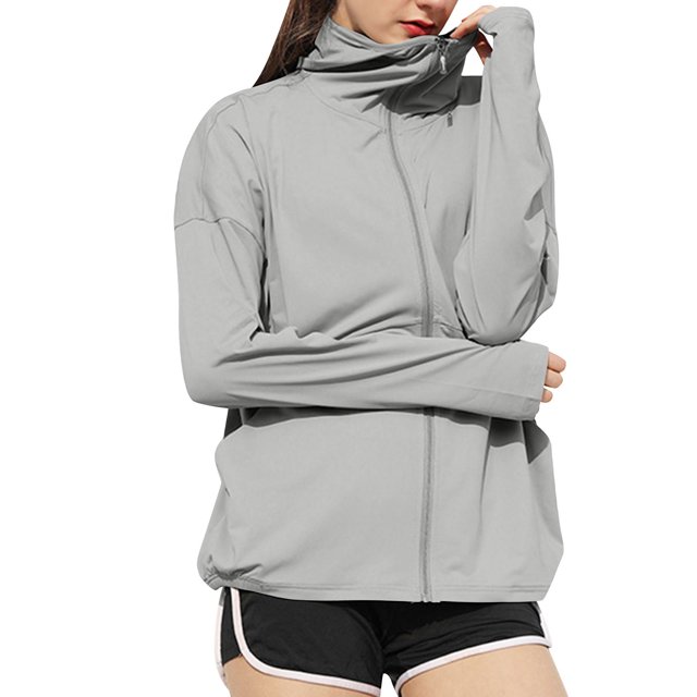 yoeyez Vêtements de Protection Solaire pour Femmes Upf 50+ à Manches Longues, Chandail à Capuchon à Fermeture à Glissière, Maillot Dermoprotecteur à Séchage Rapide, Léger pour la Course, Veste de Randonnée Athlétique, Chandail de Soleil Gris, G