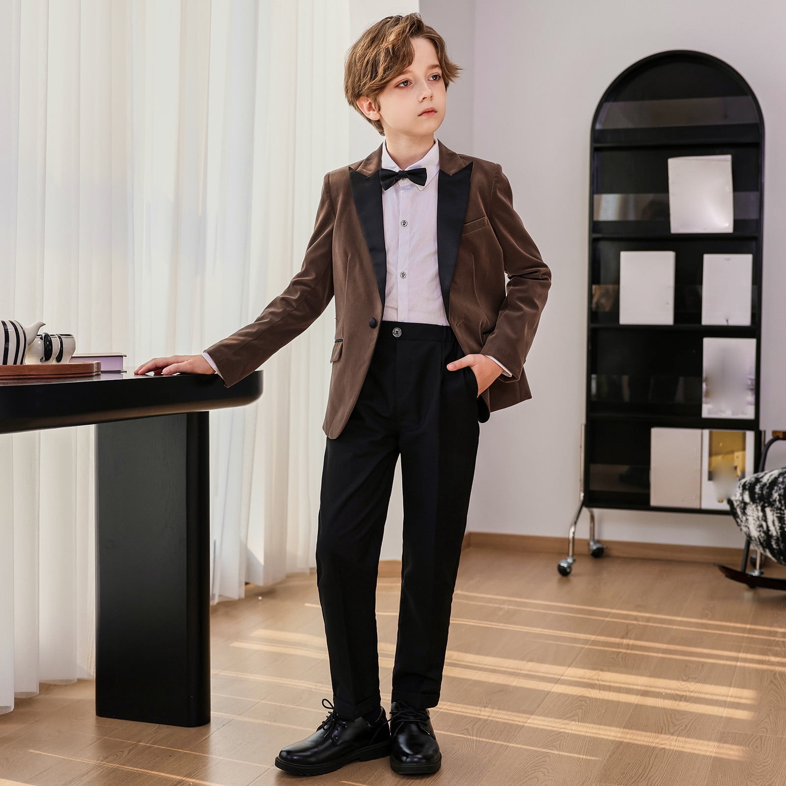Boys Suits Wedding Ring Bearer Outfits with Blazer Jacket Dress Shirt & Pants Bow Tie 4 Piece Tuxedo Set