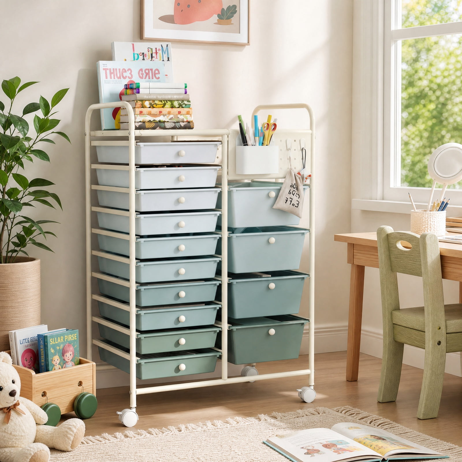 Furnibear 14 Drawer Rolling Storage Cart with Metal Tabletop Pegboard and Locking Wheels for Kitchen Office and Classroom Organizing, Gradient Green