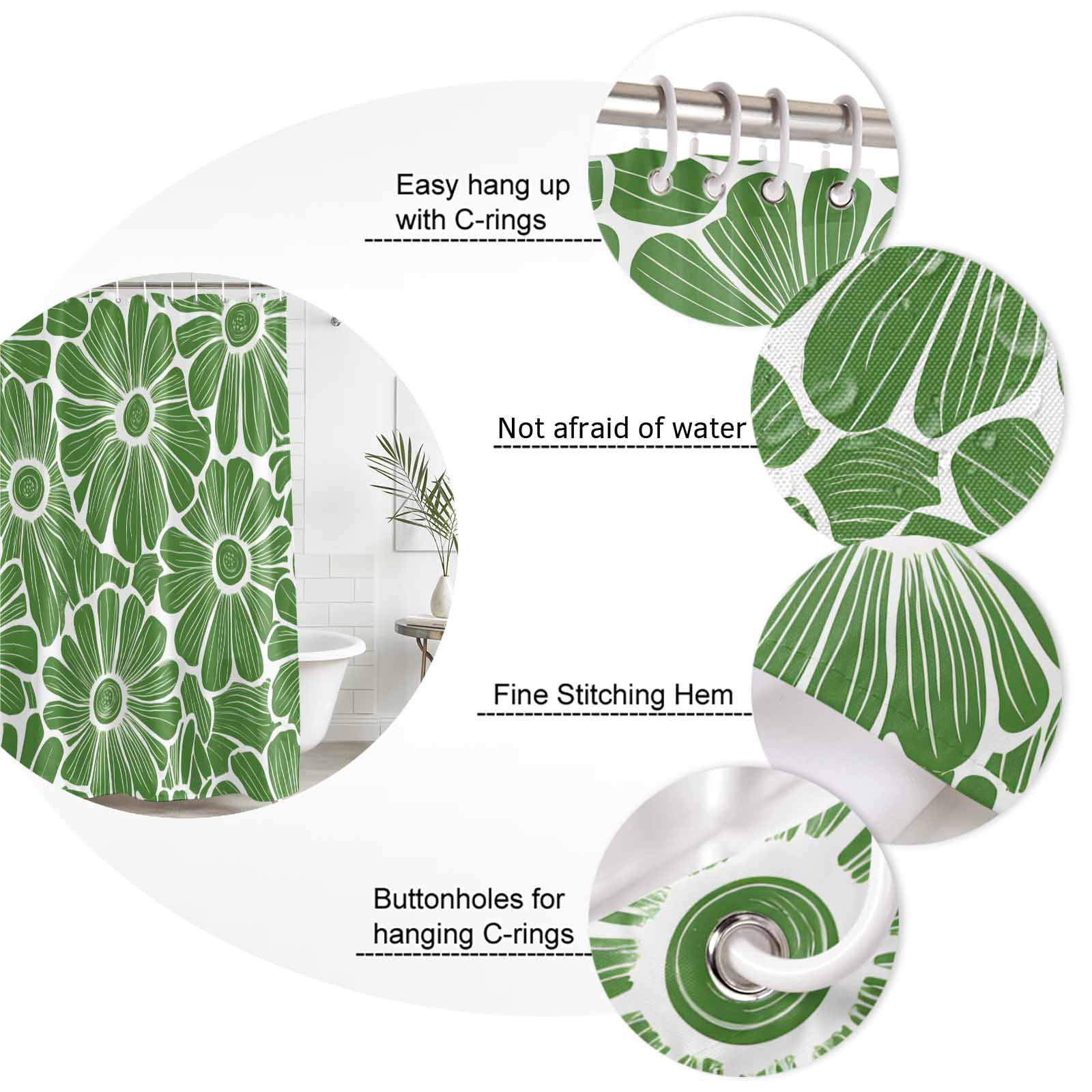 Green Spring Floral Waterproof Fabric Shower Curtain,Pastoral Flower Abstract Waterproof Fabric Shower Curtain for Bathroom Curtains Bathtubs Hotel Shower Curtains with 12 Hooks Small 36x72in