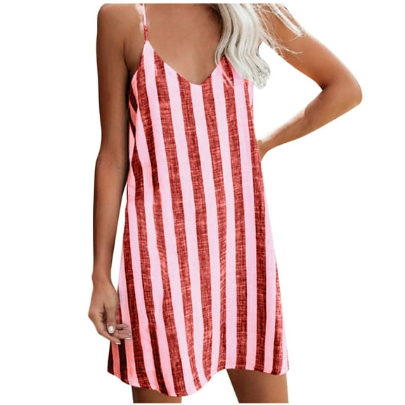 Henpk Summer Dresses for Women Striped T Shirt Dress Casual Midi Dress Short Sleeve Sundress with Pockets Fashion Casual Striped Sleeveless Round-Neck Ladies Cami Mini Dress Red M