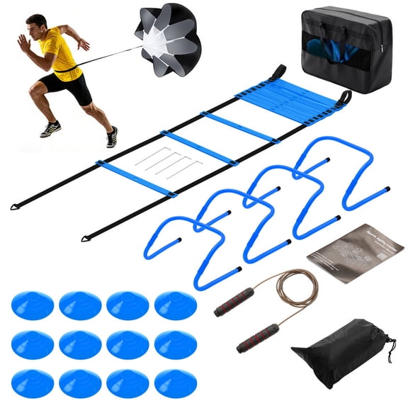Gianna Agility Ladder Training Set with Speed Parachute, Hurdles, Cones, Jump Rope, Soccer Football Speed & Coordination Equipment, Blue