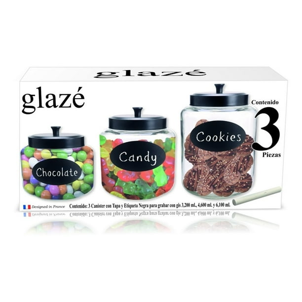 Set de 3 Canisters de Vidrio Glaze con Tapa y etiqueta para grabar METROPOLE