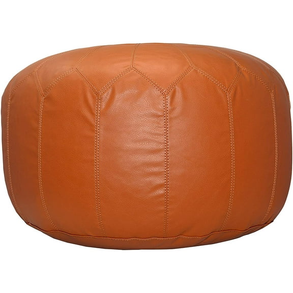Large Round Tan Brown Pouf Ottoman Leather Indoor Floor Comfortable Footstool Hand Embroidered - Ships Stuffed