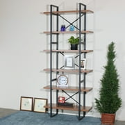 6-tier etagered walnut shelf bookcase with black metal frame - 35.43*12.5*85 inches