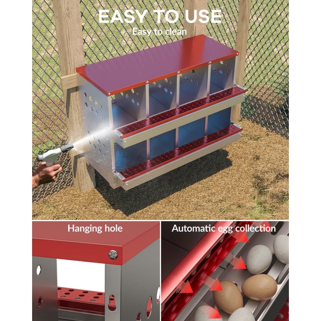 Chicken Nesting Box – Galvanized Steel 8-Compartment – Roll Away Egg Tray, Perch Rod & Training Eggs – Hen Coop Accessory – Red