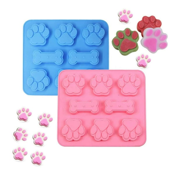 2Pcs Silicone Dog Treat Mold - Puppy Paw Mold Dog Treat Molds Paw and Bone Mold Ice Cubes Chocolate Bar Mold Jelly, Candy Crayons - Dog Bone Cake Pan Paw Molds for Dog Treats Blue, Pink Microwave Safe