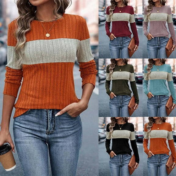 ATOYSOY Trendy Color Block Tops Casual Ribbed Round Neck Pullovers Loose Knitted Shirts for Women Outwear Fall Long Sleeve Sweatshirts Green L