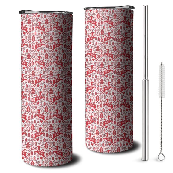 20oz Red Christmas Reindeer Pattern Skinny Tumblers Stainless Steel Tumbler with Lid and Straw,Vacuum Insulated Double Wall Travel Tumbler Cups with Cleaning Brush for Coffee,Tea