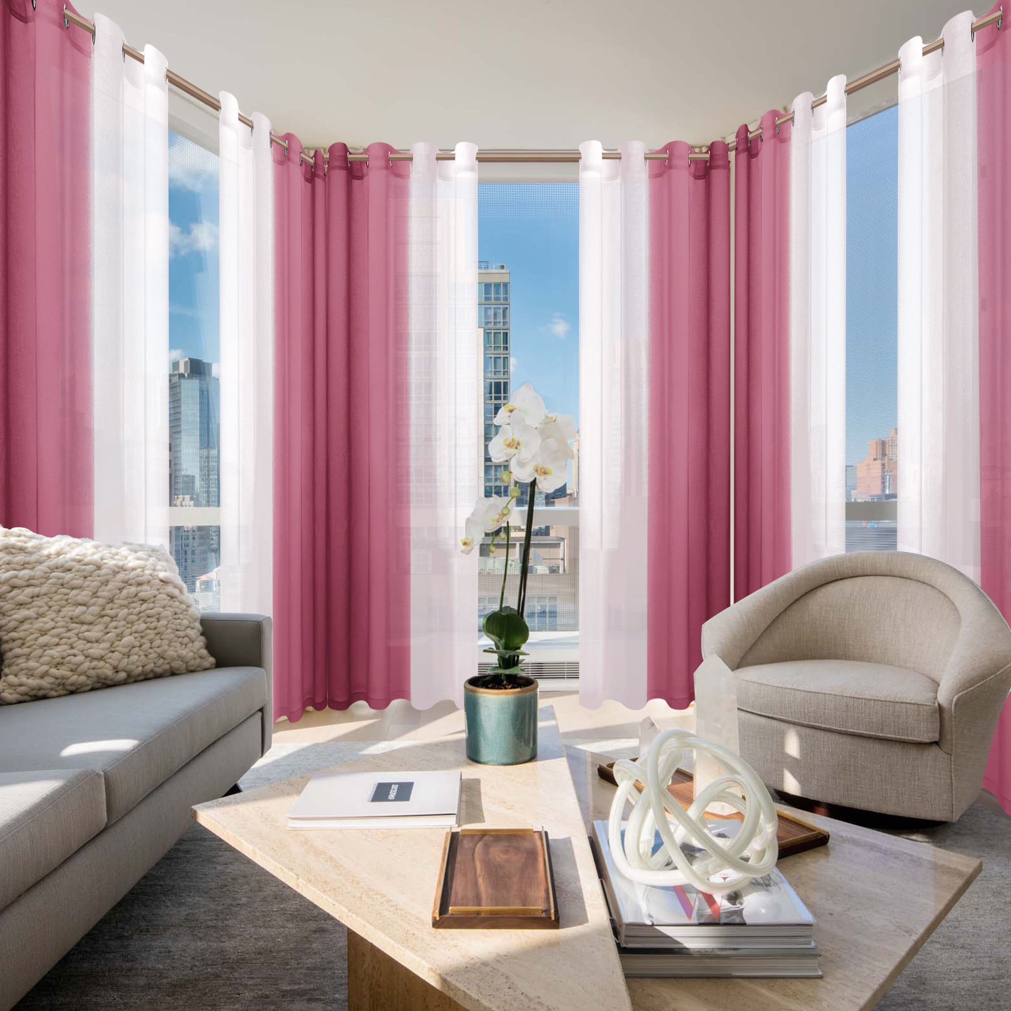 XWZO Ombre Sheer Curtains 2 Panels, Faux Linen Semi Voile Gradient Grommet Curtains for Bedroom, Modern Living Room Window Curtain Panels, 52 x 84 Inch, Burgundy