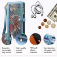 thumbnail image 2 of for Motorola Moto G04/G24 Leather Phone Case Wallet Bag Zipper Pocket, Leaf Floral Fold Flip Cover Kickstand, Magnetic 3-Layers RFID Blocking Card Holder Slot, Hand Lanyard + Shoulder Strap, 2 of 8