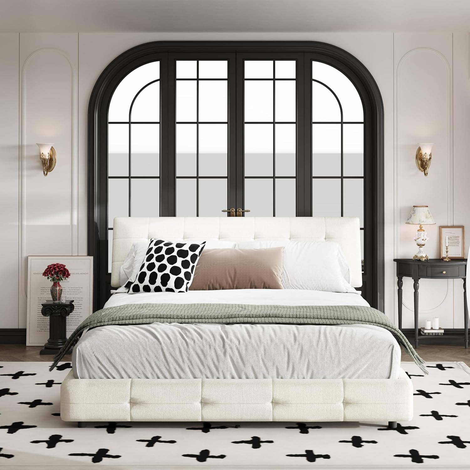 Queen Size Platform Bed Frame, Upholstered Chenille Tufted Headboard, Heavy Duty Metal, Wood Slat Support, Mattress Foundation, No Box Spring Needed, Noise-Free, Easy Assembly, Bedroom, Beige