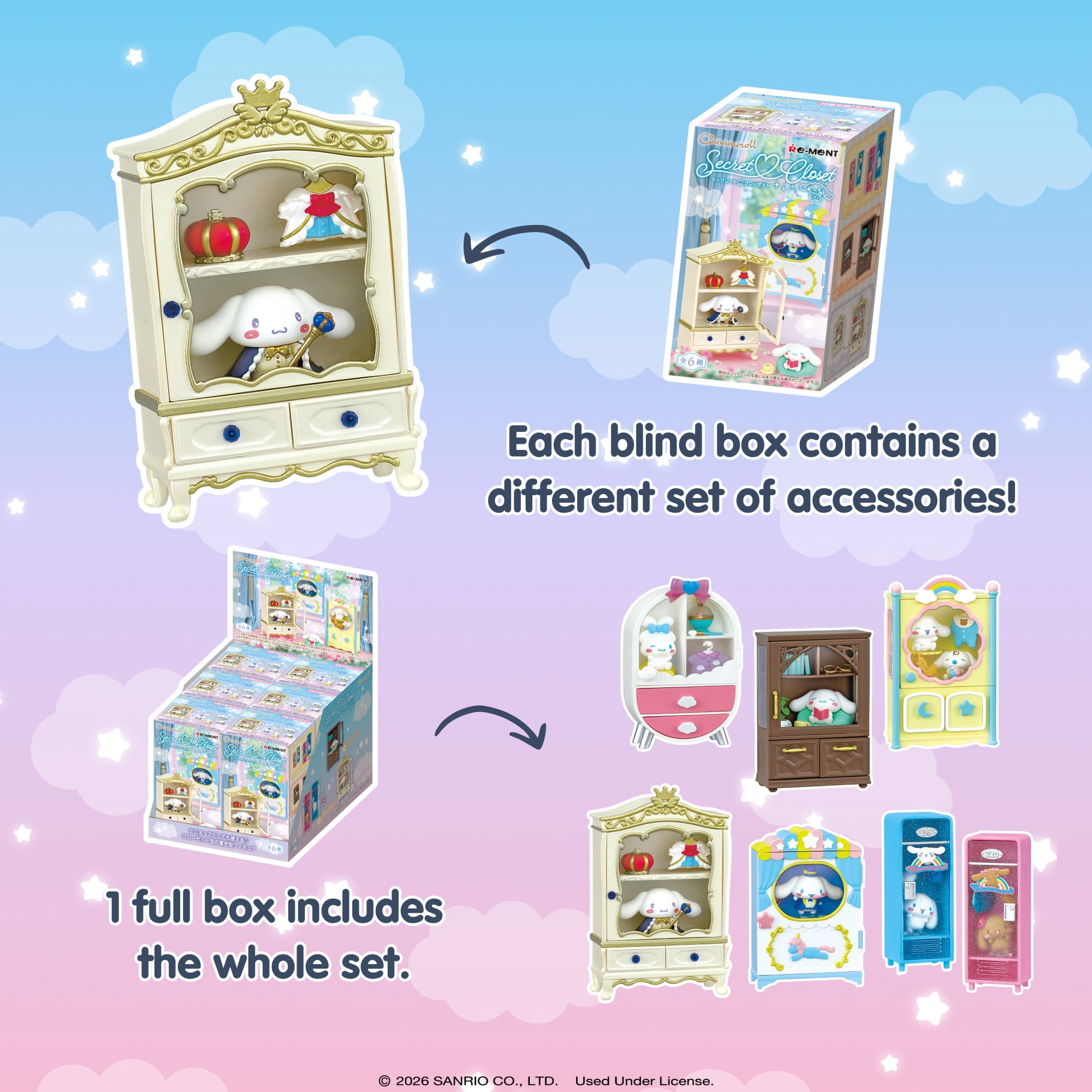 Hamee RE-MENT Hello Kitty and Friends Blind Box Diorama Miniature Figure Set for Birthday Gift, Party Favor, Collectible Figurine, Sanrio Fan (Cinnamoroll Secret Closet) – 6 Pc. (Full Set)