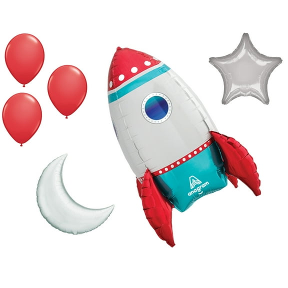 LOONBALLOON Space, Alien, Rocket Theme Balloon Set, 21 Inch Rocket Ship Air-Fill Balloon Decor, Star, Moon Foil and 3x latex balllons